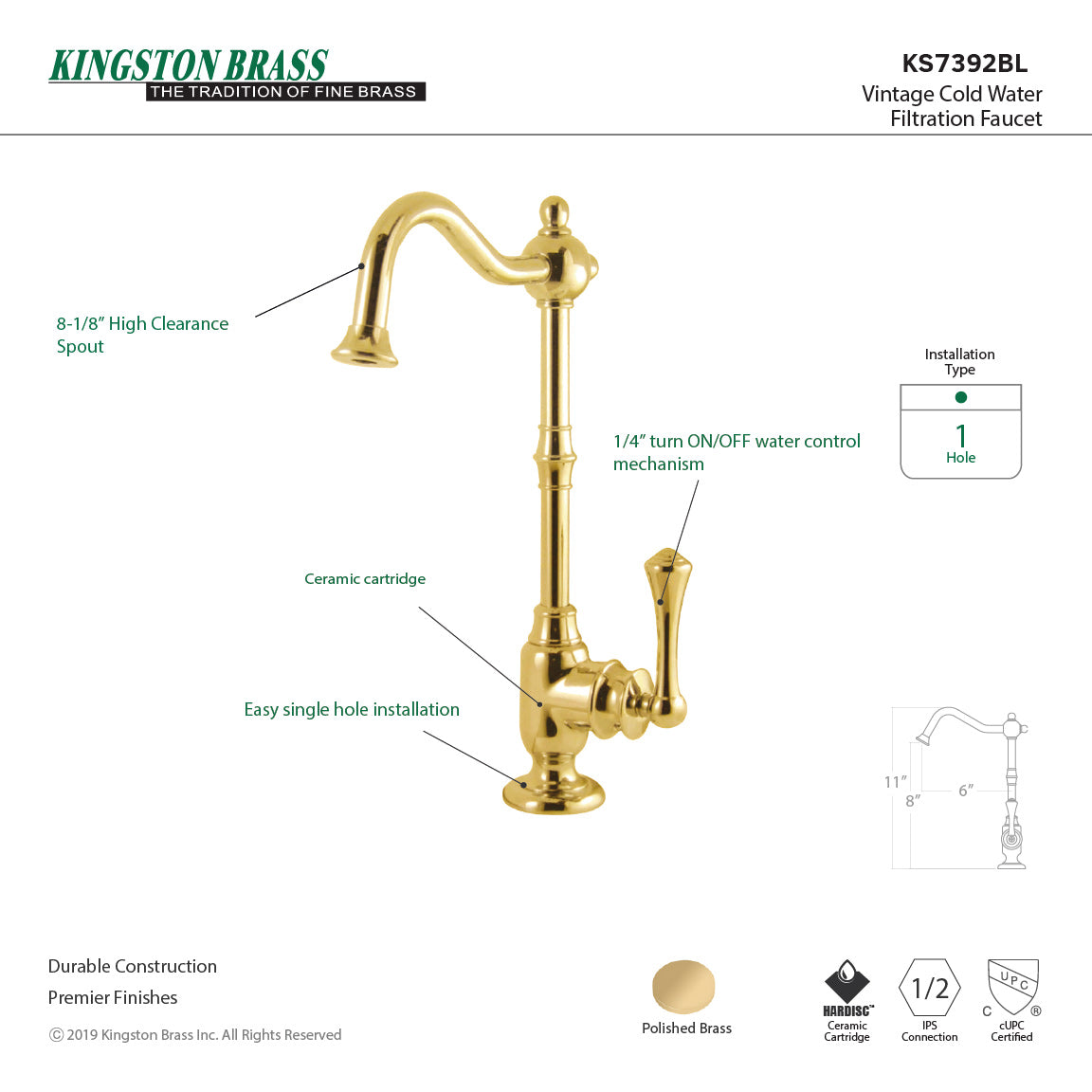 Kingston Heirloom KS7392BL - Vintage Single-Handle 1-Hole Deck Mount Water Filtration Faucet, Polished Brass — thumbnail 2